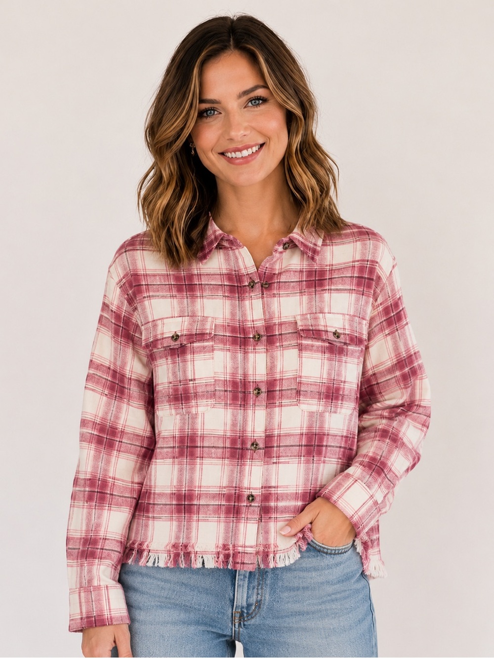 Lucky Brand Women’s L Plaid Shirt Pink Cream Raw Frayed Hem 100% Cotton NWT